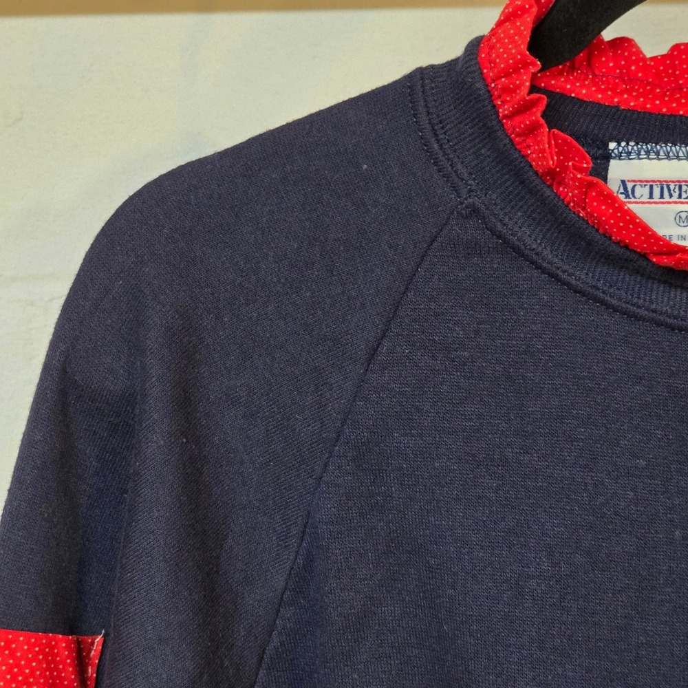 Vintage 80s Activewear Navy Blue Ruffle Collar Polka Dot Sweatshirt Women Medium - Picture 2 of 12